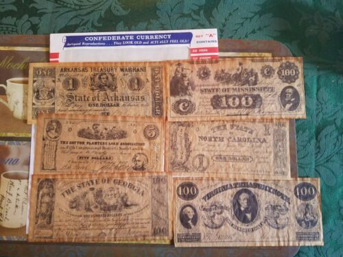 CONFEDERATE CURRENCY SET “A” ANTIQUE BILL REPRODUCTIONS 6 NOTES IN SET