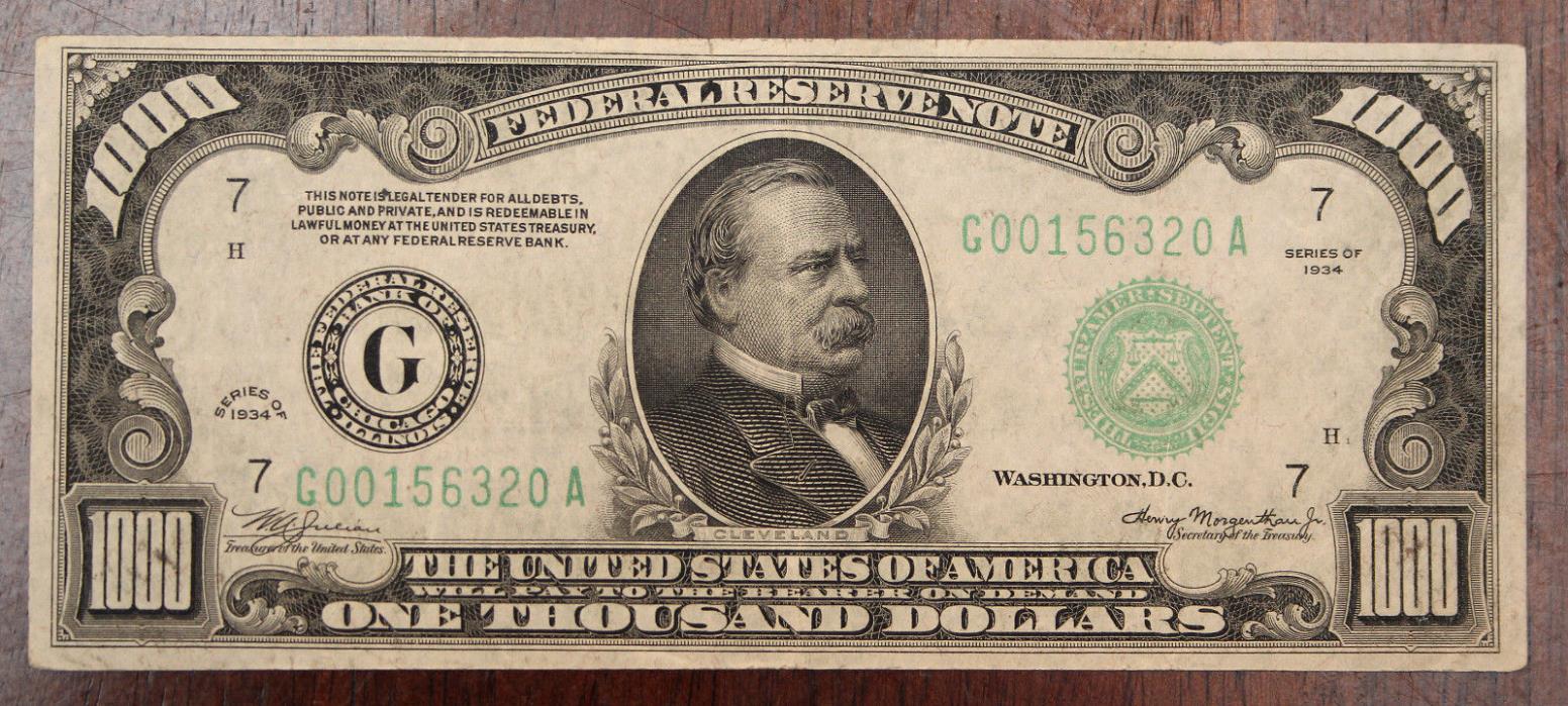 Beautiful 1934 $1,000 Bill in Excellent Condition, Great Centering!