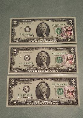 Three 1976 Two Dollar Bills First Day Issue Stamp Uncirculated Postmarked NY