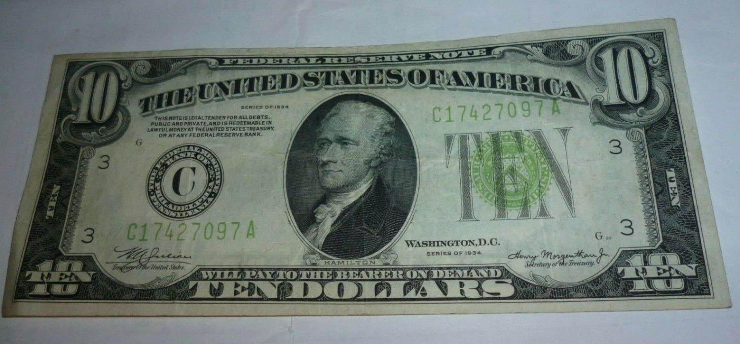 US 1934  $10 TEN DOLLAR BILL FEDERAL RESERVE NOTE Washington D.C.