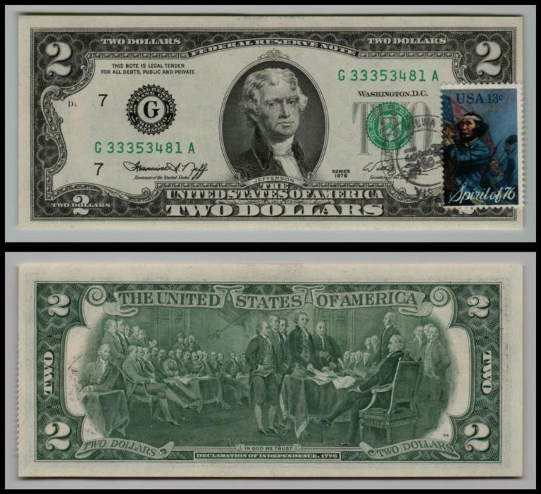 1976 $2 DOLLAR BILL 1ST DAY ISSUE STAMPED BICENTENNIAL FEDERAL RESE LOT-0905