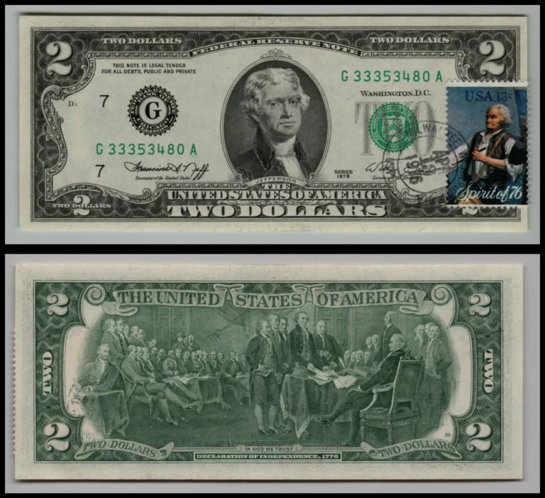 1976 $2 DOLLAR BILL 1ST DAY ISSUE STAMPED BICENTENNIAL FEDERAL RESE LOT-0904