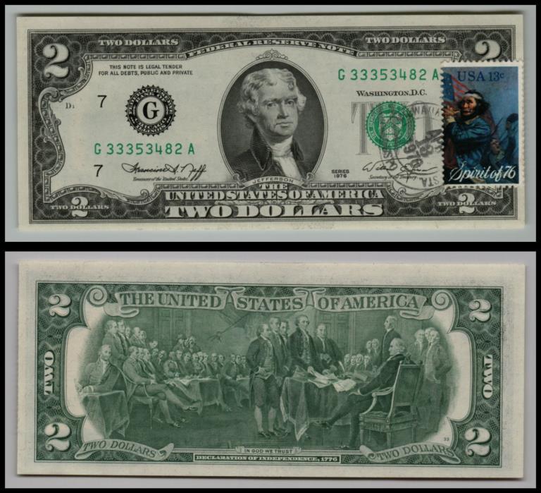 1976 $2 DOLLAR BILL 1ST DAY ISSUE STAMPED BICENTENNIAL FEDERAL RESERVE Lt-E223