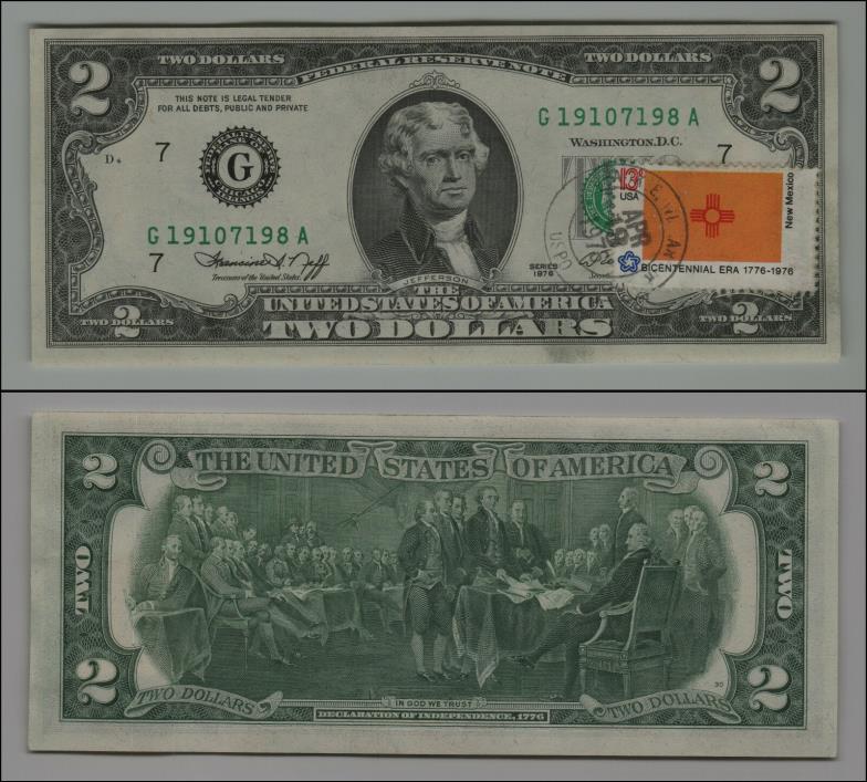 1976 $2 DOLLAR BILL 1ST DAY ISSUE STAMPED BICENTENNIAL FEDERAL RESE LOT-K 832