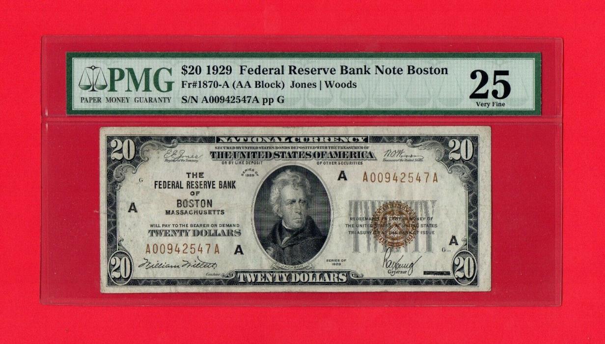 NATIONAL CURRENCY 1929 $20 BILL FEDERAL RESERVE BANK OF BOSTON PMG 25