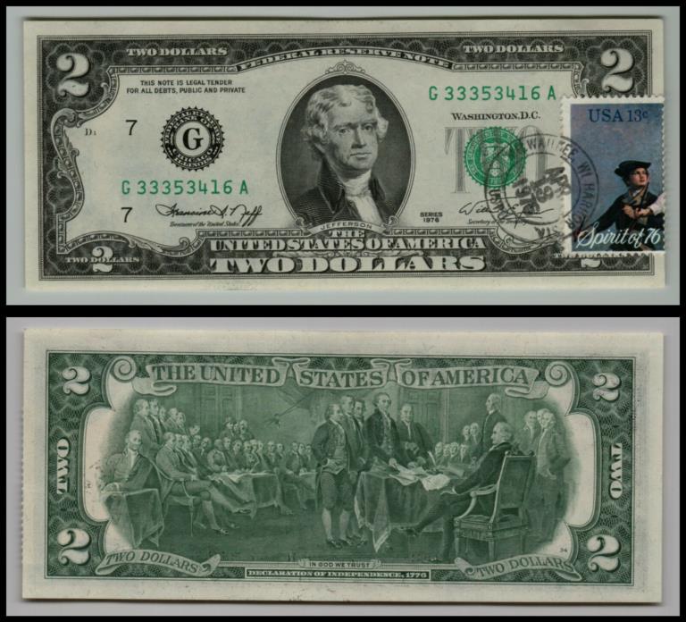 1976 $2 DOLLAR BILL 1ST DAY ISSUE STAMPED BICENTENNIAL FEDERAL RESERVE Lt-E234