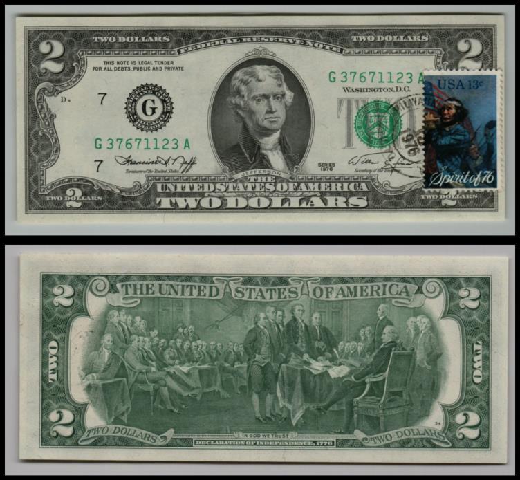 1976 $2 DOLLAR BILL 1ST DAY ISSUE STAMPED BICENTENNIAL FEDERAL RESERVE Lt-E230