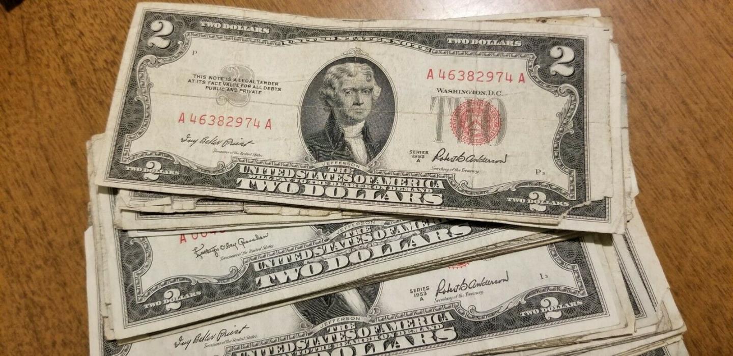 1953 or 1963 Two Dollar ($2) Well Circulated Red Seal Note