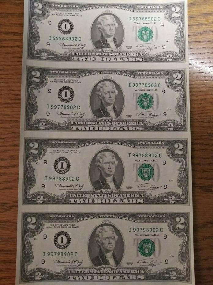 1976 Crisp Note Series $2 Dollar Bills, uncut, uncirculated sheet of 4