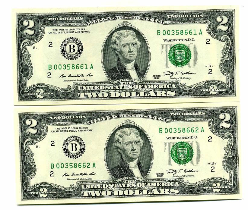 2 DOLLAR BILLS 2009 Uncirculated Sequential Consecutive Notes Paper Money#4292