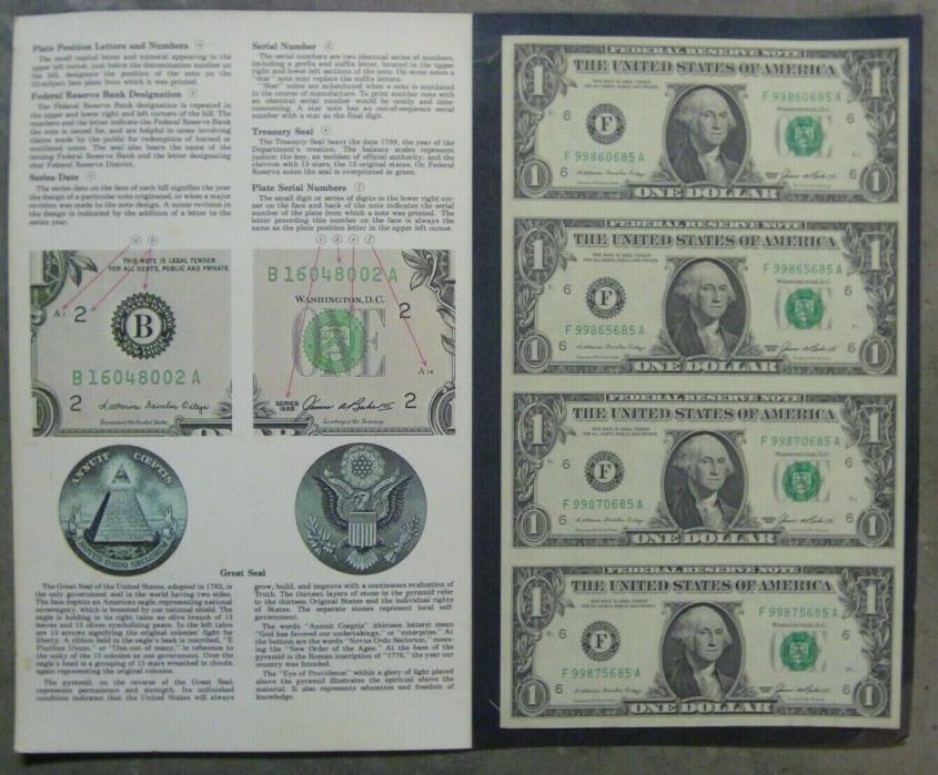 Series 1985 Federal Reserve $1 Notes - Uncut Sheet Of 4 With Folder - Atlanta