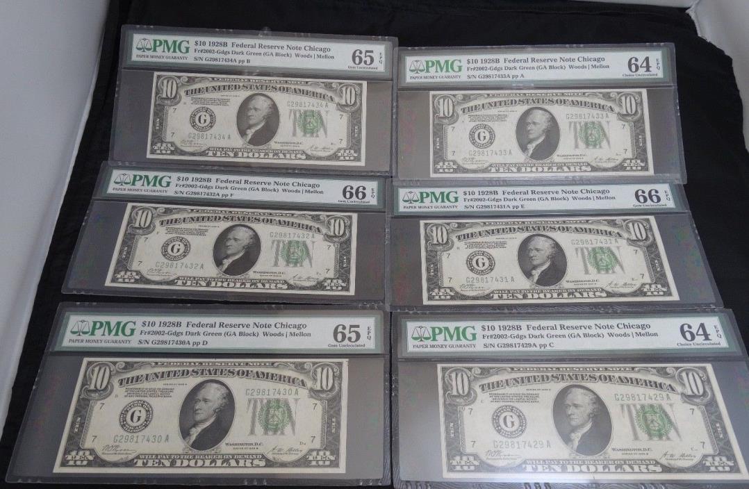 SEQUENCE OF SIX 1928B $10 FEDERAL RESERVE NOTES 2 PMG 64, 2 PMG 65 & 2 PMG 66