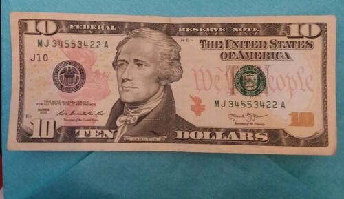 $10 Nice 2013 Federal Reserve Note, Repeater Serial #, Free Shipping!