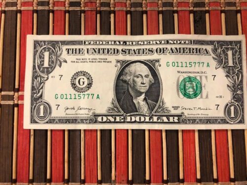 $1.00 Bill Fancy Serial Number G01115777A. Good Condition