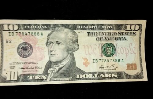 $10 Nice 2006 Federal Reserve Note, Repeater Serial #, Free Shipping!