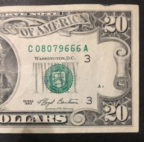 $20 DOLLAR BILL, 1993 Series , fancy 3-6’s ending SN: C 08079666 A