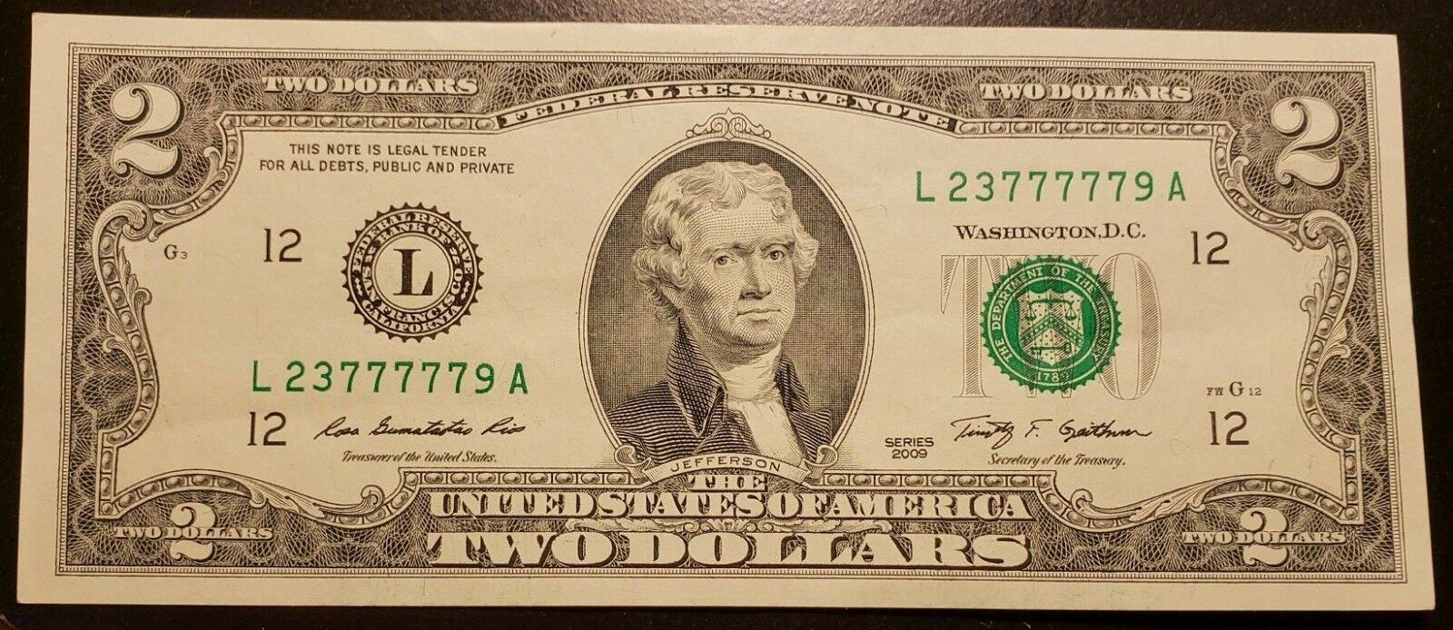 LUCKY SEVENS Uncirculated 2009 Two Dollar Bill Crisp $2 Note (A10)