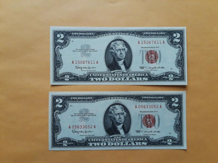 Wow 1963 $2 TWO DOLLAR BILL RED SEAL ,UNCIRCULATED (LOT of 2)