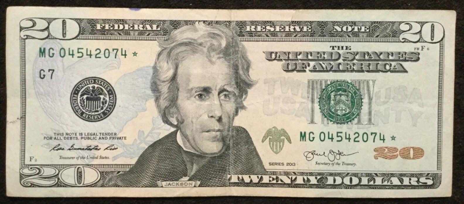 $20 Dollars Bill Star Note Series 2013 Chicago MG04542074* Federal Reserve