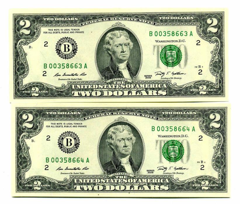 2 DOLLAR BILLS 2009 Uncirculated Sequential Consecutive Notes Paper Money#4294
