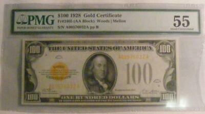 1928 $100 Gold Certificate   AA Block  Fr#2405    PMG 55 About Uncirculated