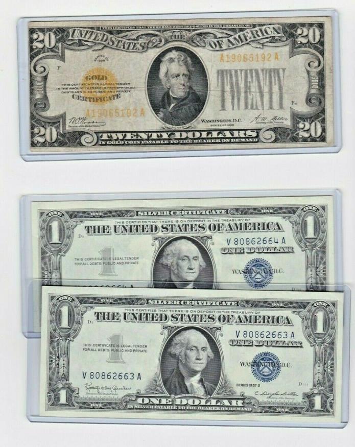 1928 $20 Gold Certificate & free 1957B $1 Silver Certificates(sequential 2) lot