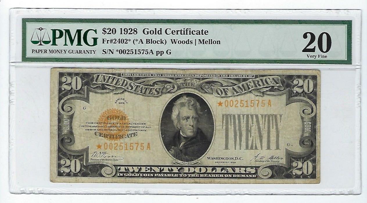 STAR 1928 $20 DOLLAR BILL GOLD CERTIFICATE  Fr 2402* PMG VF20
