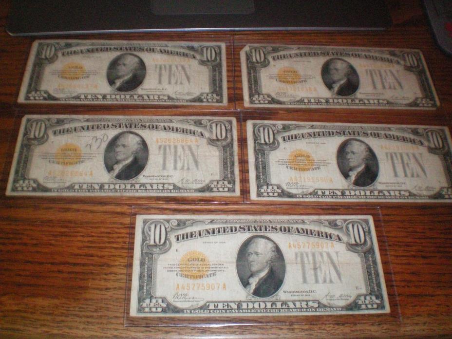 Five (5) Series 1928 Gold Certificate $10 Ten Dollar Notes