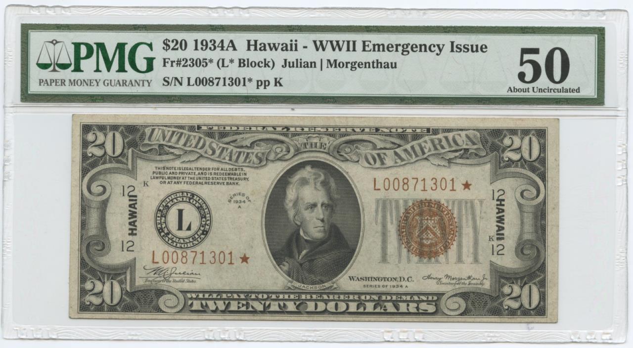 1934A $20 Hawaii STAR AU50 PMG FR#2305*