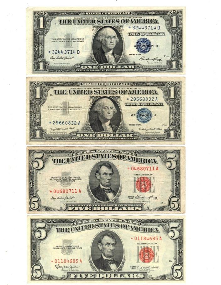 4 Different Small Size Star Notes 2-$5.00 Red Seals & 2-$1.00 Blue Seals