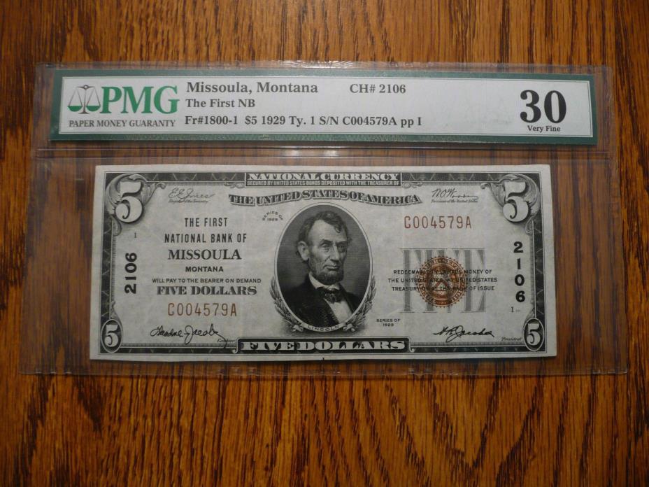 1929 Missoula Montana $5 National Currency - PMG 30