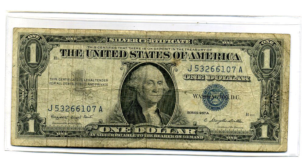 1957 A SILVER CERTIFICATE US PAPER MONEY ONE DOLLAR BILL J53266107A $1 NOTE#4383