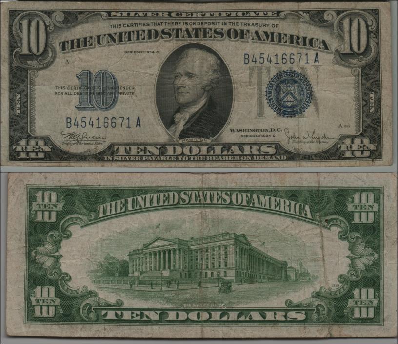 1934 $10 SILVER CERTIFICATE NOTE   LOT  K90