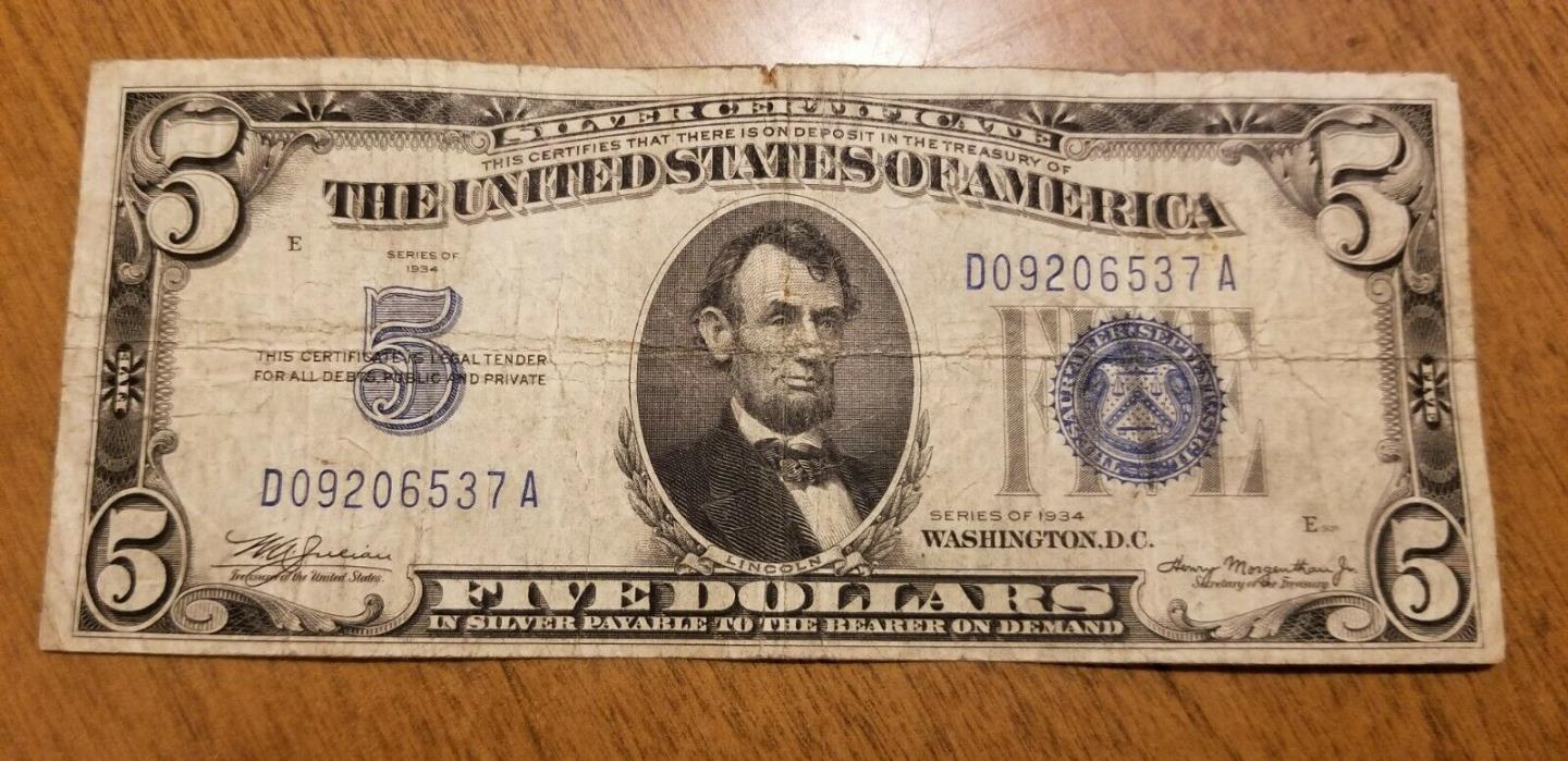 1934 $5 Bill Note Silver Certificate Currency Dollar 09206537