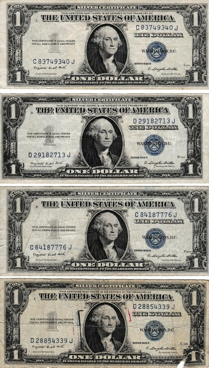 LOT OF 4 US SILVER CERTIFICATE $1.00 NOTES - SERIES 1935G - BLUE SEAL