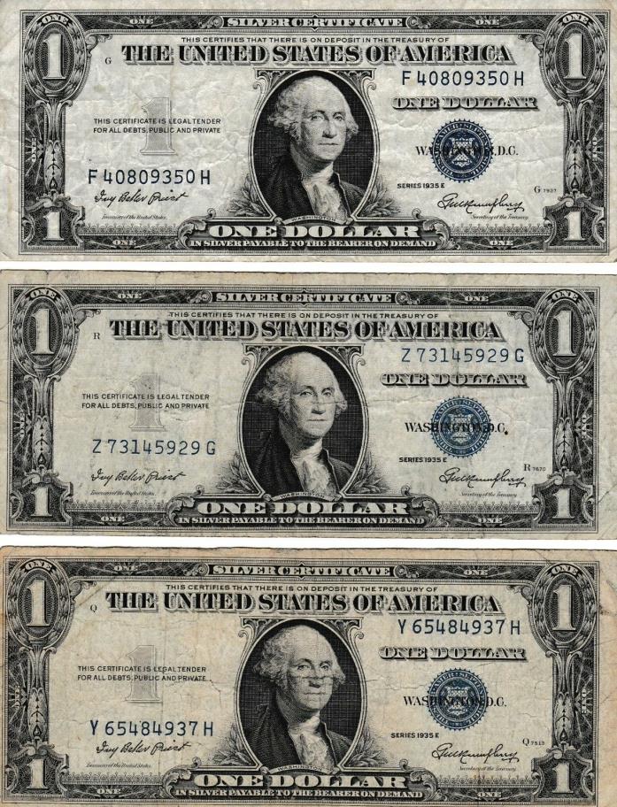 LOT OF 3 US SILVER CERTIFICATE $1.00 NOTES - SERIES 1935E - BLUE SEAL
