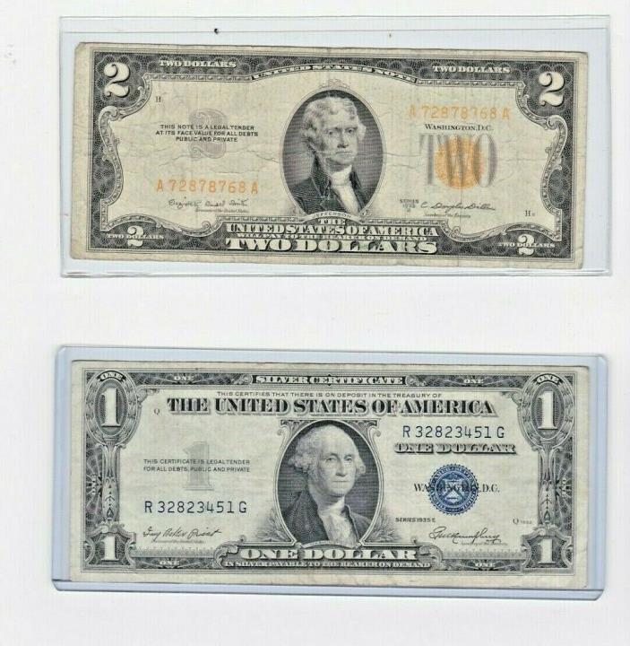 1953B $2 Dollar Orange Seal Note & 1 1935E silver certificate lot of 1 each