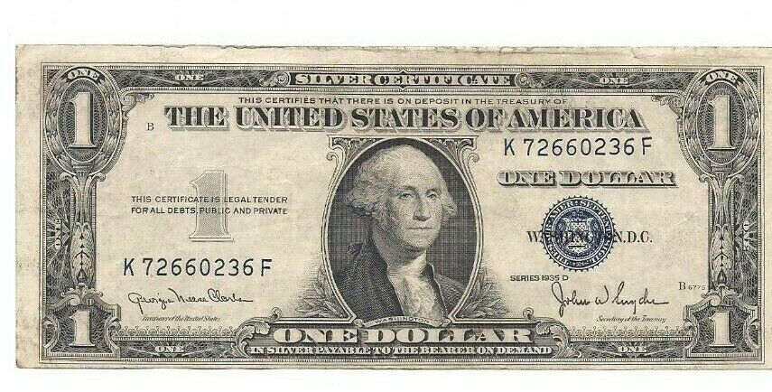$1 Dollar 1935D Narrow Design on back. Blue Seal Silver Certificate