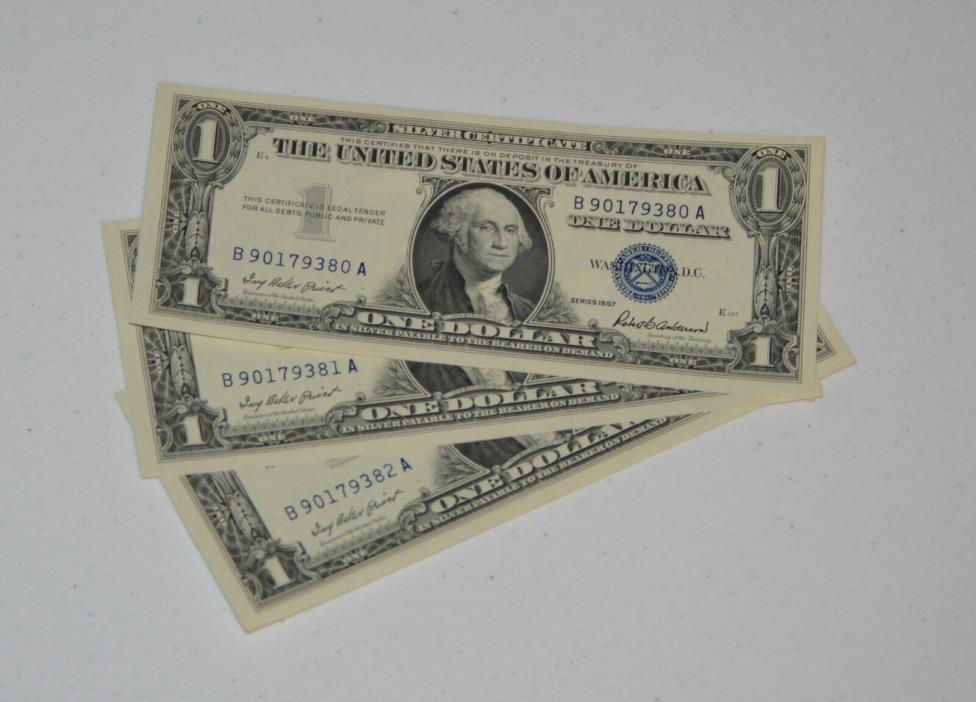 3 Consecutive Pristine One Dollar 1957 Series Star Silver Certificate Blue Seal