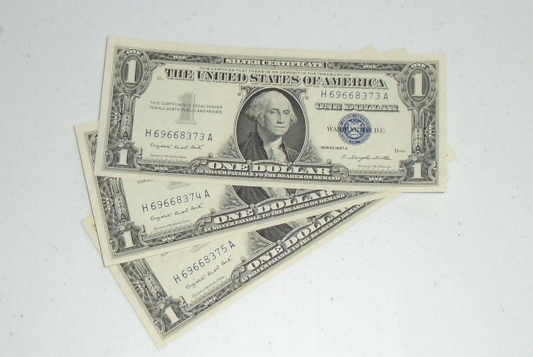 3 Consecutive Pristine One Dollar 1957A Series Star Silver Certificate Blue Seal