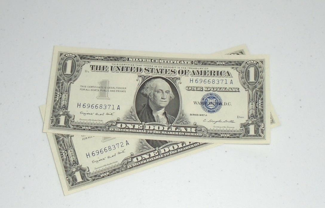 2 Consecutive Pristine One Dollar 1957A Series Star Silver Certificate Blue Seal
