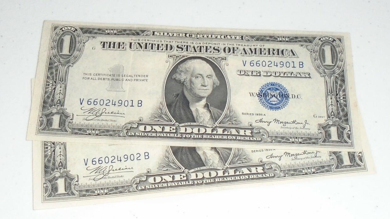 2 Consecutive  1935 A $1 Silver Certificate Gem Uncirculated