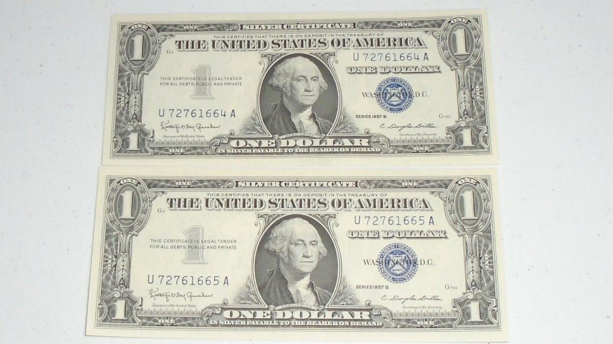 2 Consecutive Pristine One Dollar 1957B Series Star Silver Certificate Blue Seal