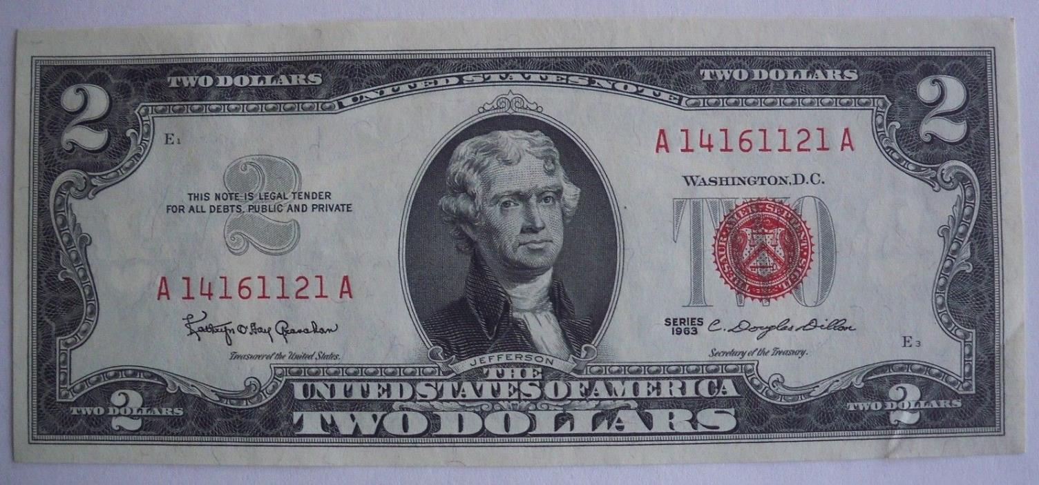 1963 Two Dollar Bill Red Seal Note Legal Tender AU