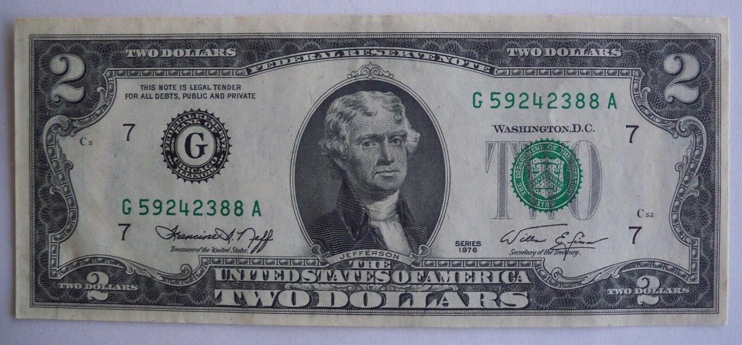 1976 Two Dollar Bill Legal Tender Note Chicago XF