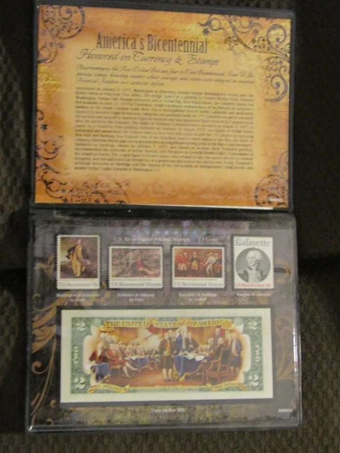 Thomas Jefferson BICENTENNIAL 13 CENT STAMPS & COLORIZED TWO $2 BILL IN FOLIO