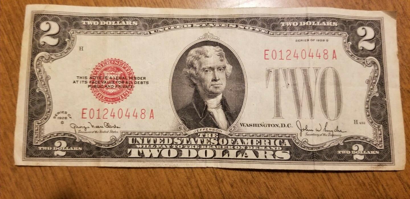 1928G $2 TWO DOLLAR BILL UNITED STATES LEGAL TENDER RED SEAL 01240448