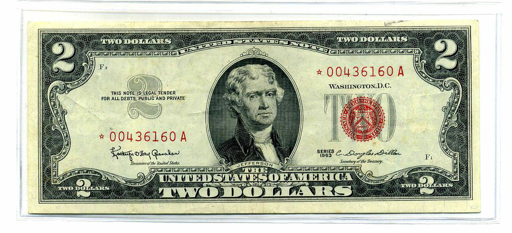 United States 1963 low seriel # $2 DOLLAR Note STAR STARNOTE RED SEAL BILL#1651