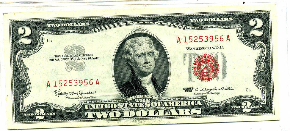 United States 1963 2 DOLLAR Note AA BLOCK A15253956A PAPER MONEY BILL RED SEAL