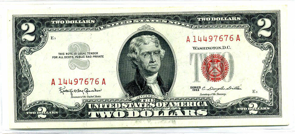 United States 1963 2 DOLLAR Note AA BLOCK A72173240A PAPER MONEY BILL RED SEAL